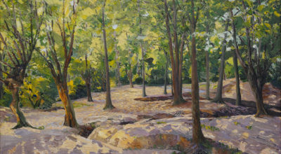 Herbert H Newton, Track of Forest Brook- painting of forest with dappled light and a brook flowing through the middle