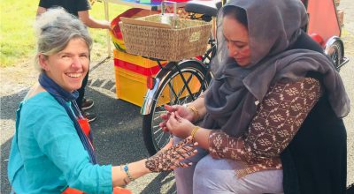 Two women outside Platt hall