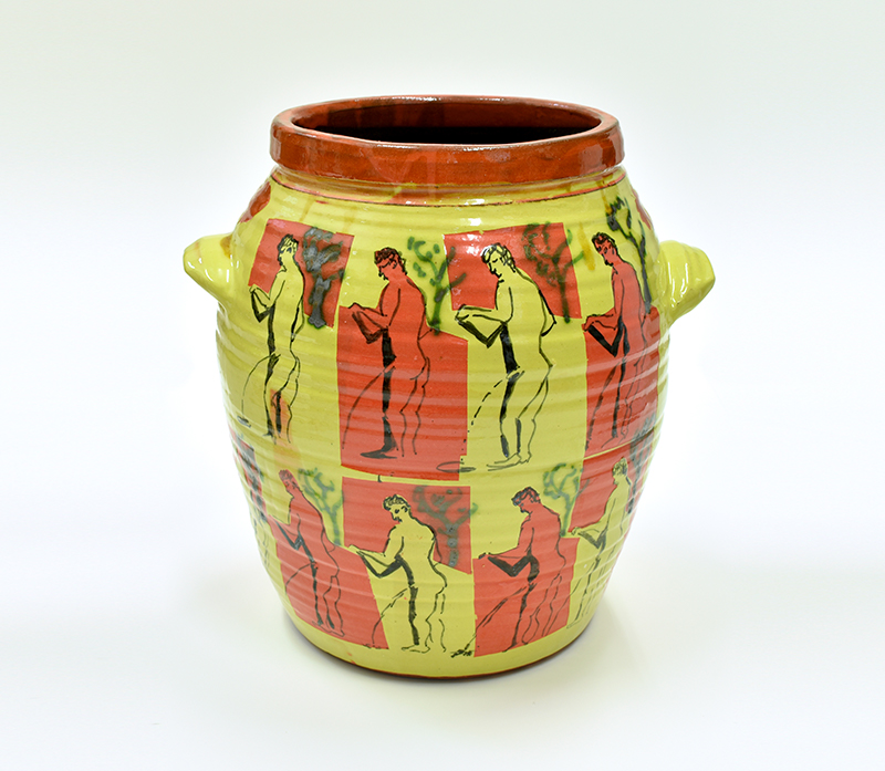 Simon Bayliss red and yellow ceramic jar inspired by DH Lawrence watercolour, Dandelions.
