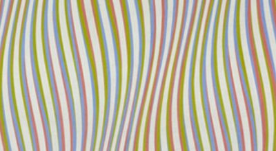An Op-Art painting of curved white, pink green and blue vertical stripes